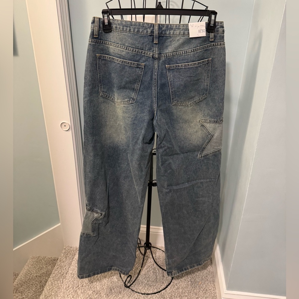 New Cali 1850 star patched low rise baggy blue jeans Sz 11 denim 30 tinted wash - Picture 14 of 16